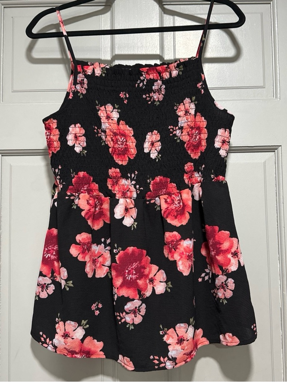 Smocked Floral Tank Top -Black with Red/Pink Flowers
